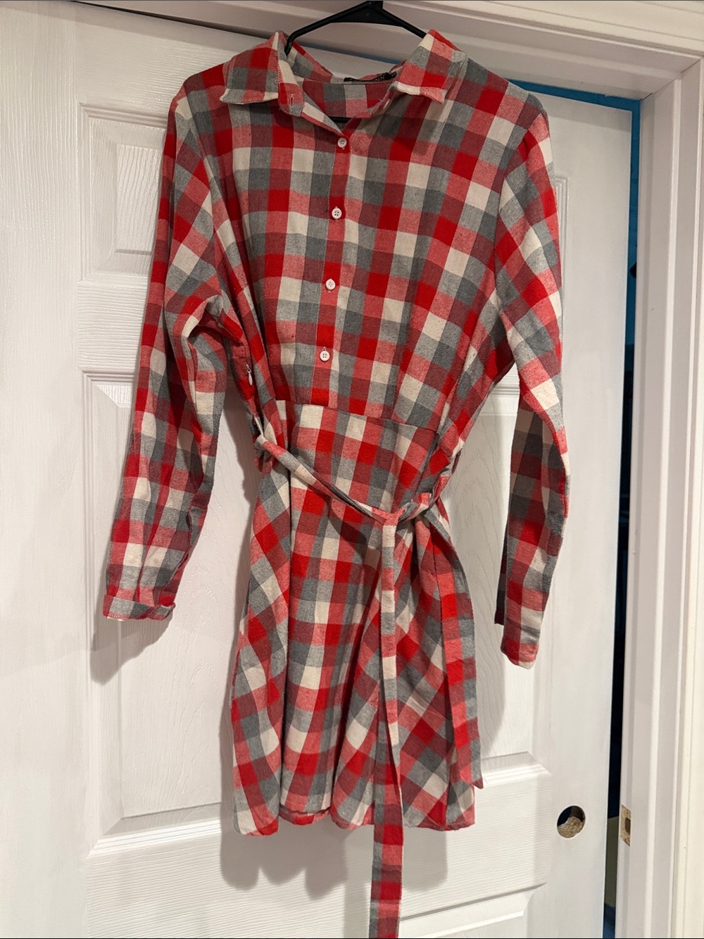 Fancyinn Red Gray White Plaid Button-Front Shirt Dress